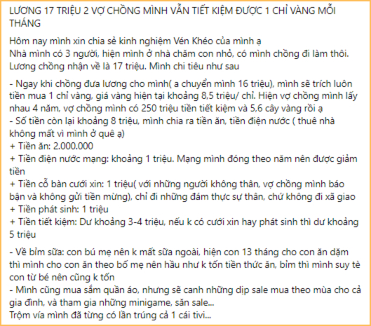 Vợ chồng lương 17 triệu có con 1 tuổi: Mỗi tháng mua 1 chỉ vàng, vẫn tiết kiệm được thêm 3-4 triệu, tiền ăn cả tháng hết đúng 2 triệu!- Ảnh 1.