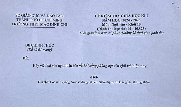 Ra đề thi văn "lối sống phông bạt", trường THPT Mạc Đĩnh Chi phản hồi gì?- Ảnh 1.