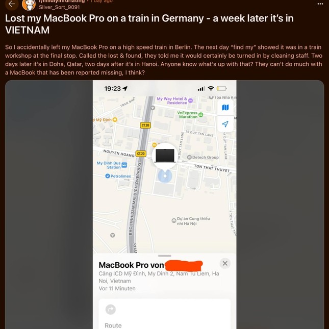 Làm mất MacBook Pro tại Đức, kiểm tra Find My thấy thiết bị đang ở Hà Nội- Ảnh 1. Làm mất MacBook Pro tại Đức, kiểm tra Find My thấy thiết bị đang ở Hà Nội- Ảnh 1.