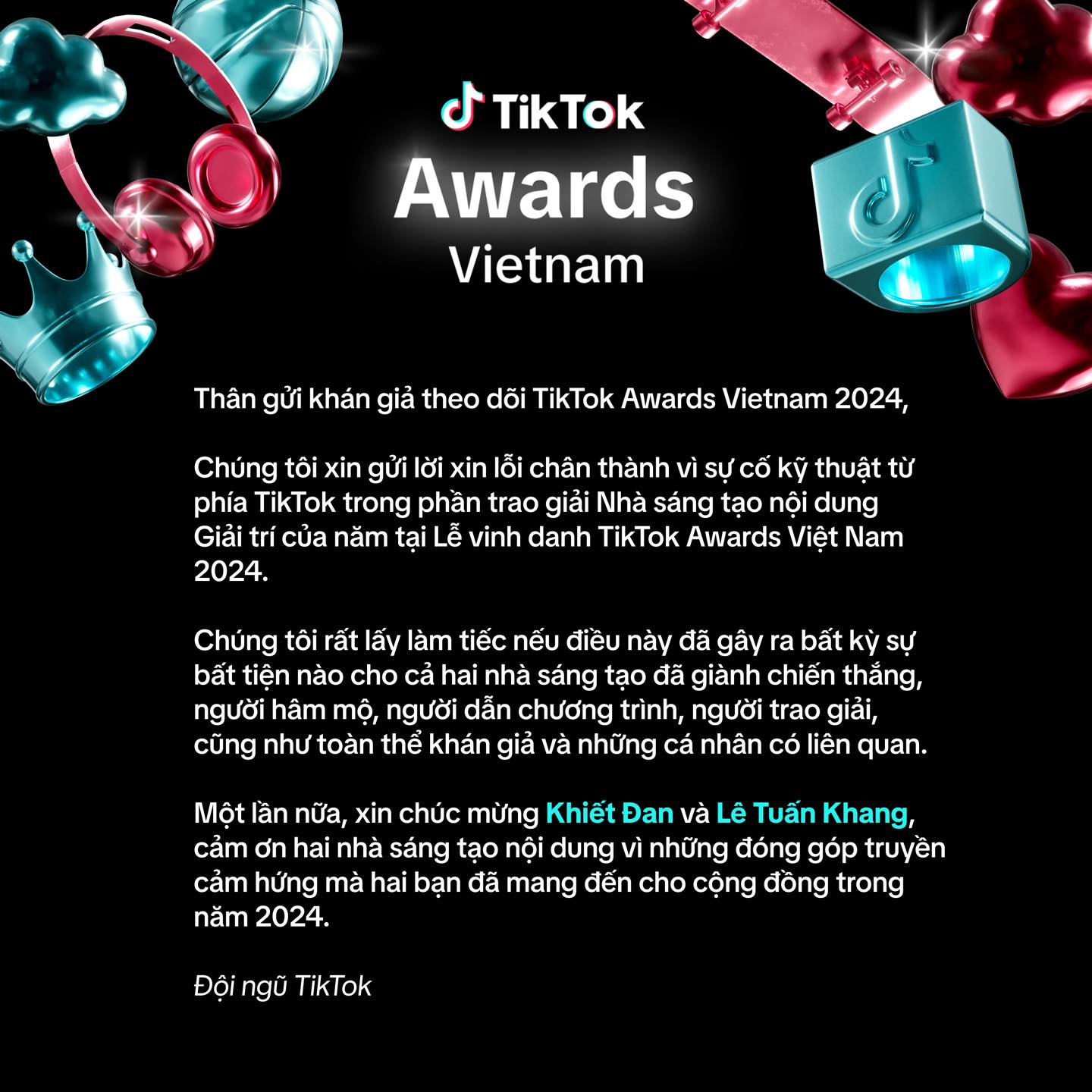 Sau gần 1 ngày, đơn vị tổ chức TikTok Awards 2024 lên xin lỗi công khai, động thái của MC Hoàng Oanh gây chú ý- Ảnh 2.