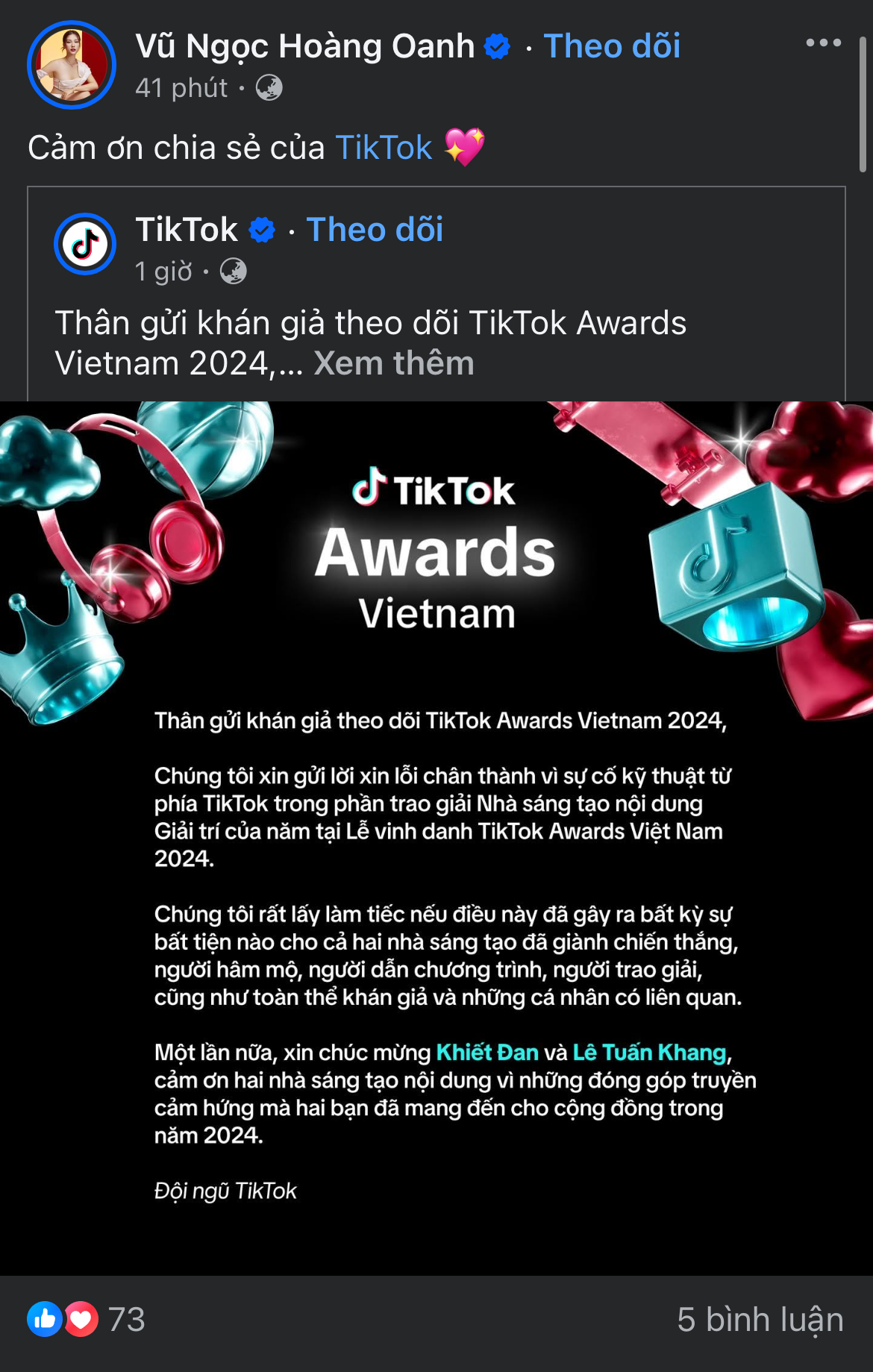 Sau gần 1 ngày, đơn vị tổ chức TikTok Awards 2024 lên xin lỗi công khai, động thái của MC Hoàng Oanh gây chú ý- Ảnh 4.