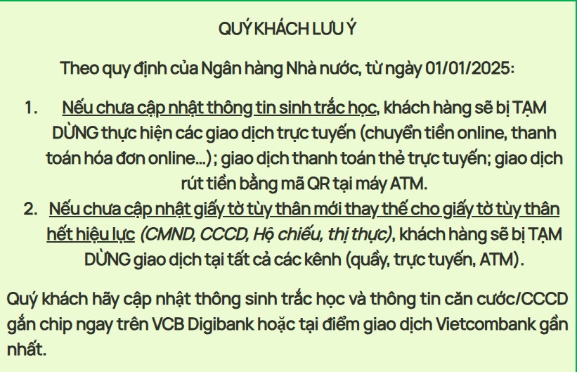 Từ 1/1/2025, tài khoản Vietcombank bị tạm dừng toàn bộ giao dịch nếu chưa làm điều này- Ảnh 2.