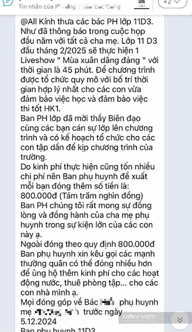 Một lớp ở H&agrave; Nội thu 800.000 đồng/học sinh để tổ chức văn nghệ mừng Xu&acirc;n, Hiệu trưởng n&oacute;i g&igrave;?- Ảnh 1.