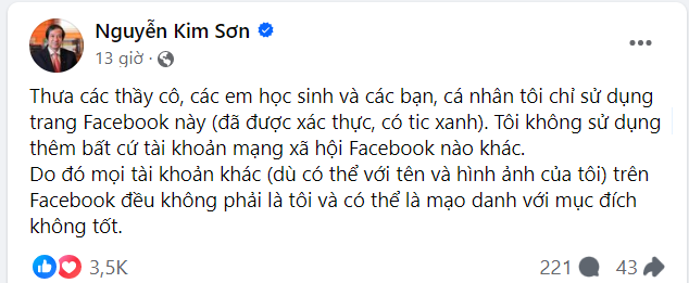 Bị lập Facebook giả mạo, Bộ trưởng Bộ Giáo dục và Đào tạo Nguyễn Kim Sơn lên tiếng - Ảnh 2.