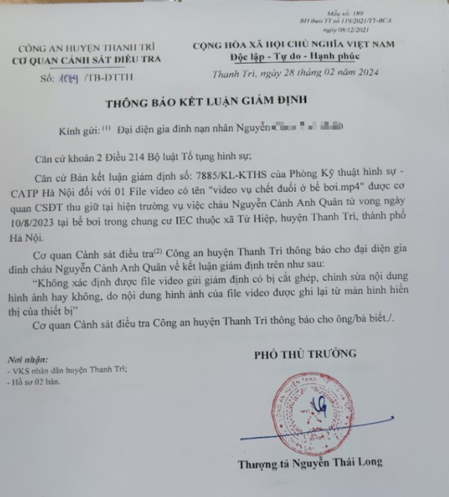 Thông tin mới vụ bé trai tử vong tại bể bơi chung cư ở Hà Nội - Ảnh 1.