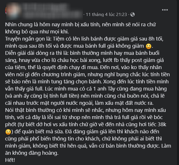 Tiệm b&aacute;nh ngọt th&ocirc;ng b&aacute;o khuyến m&atilde;i g&acirc;y l&uacute; v&igrave; qu&aacute; vắn tắt khiến kh&aacute;ch ấm ức b&oacute;c phốt: D&acirc;n mạng chia phe, b&ecirc;nh ai mới đ&uacute;ng? - Ảnh 1.