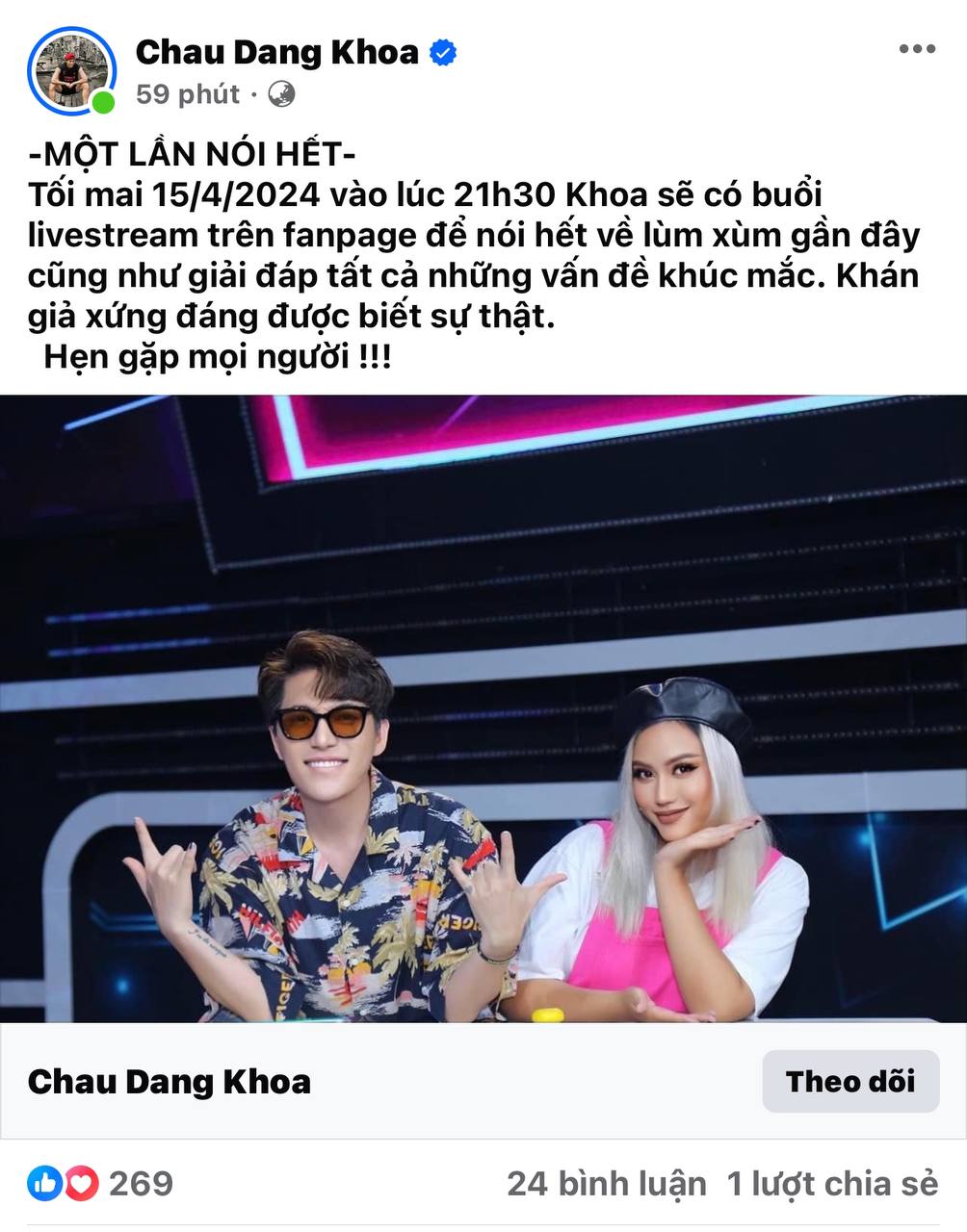 Sau Thời Gian Im ắng, Châu Đăng Khoa Tuyên Bố Sẽ Livestream Kể Hết Về 