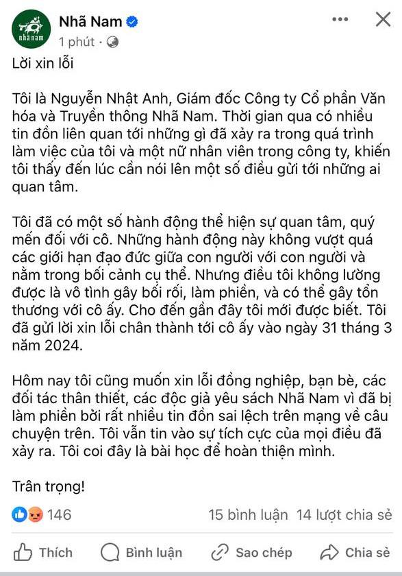 Giám đốc Nhã Nam bất ngờ lên tiếng xin lỗi một nữ nhân viên công ty trên Fanpage - Ảnh 1.