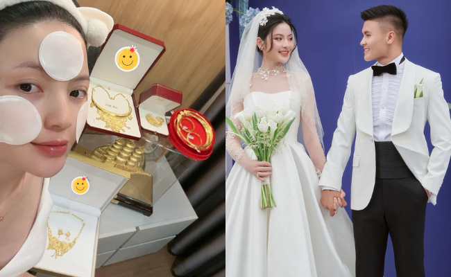 Chu Thanh Huyền flex tất cả số vàng nhận được ở đám cưới với Quang Hải, nhiều và nặng thế này bảo sao phải kêu cứu - Ảnh 1.