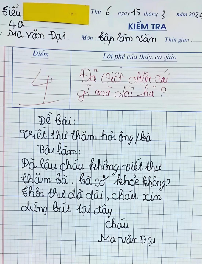 Bài văn đang gây bão mạng: Viết thư hỏi thăm bà nhưng bà chưa kịp đọc đã hết, được 4 điểm không oan chút nào - Ảnh 1.