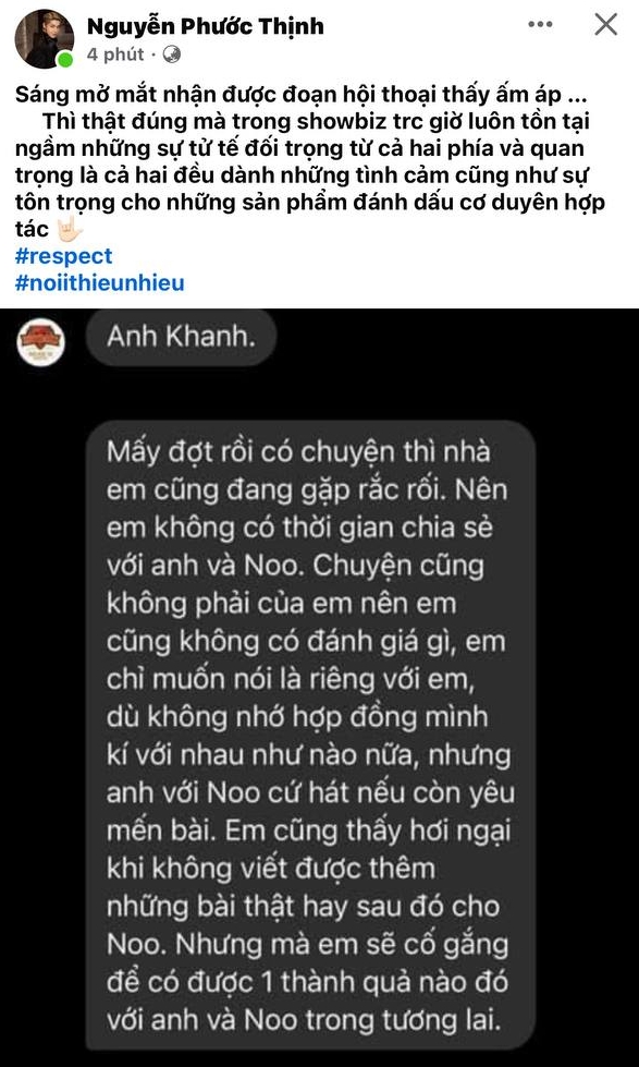 Một nhạc sĩ vẫn đồng ý cho hát hit dù chẳng nhớ hợp đồng ra sao, Noo Phước Thịnh đăng công khai respect như muốn khịa ai đó? - Ảnh 1.