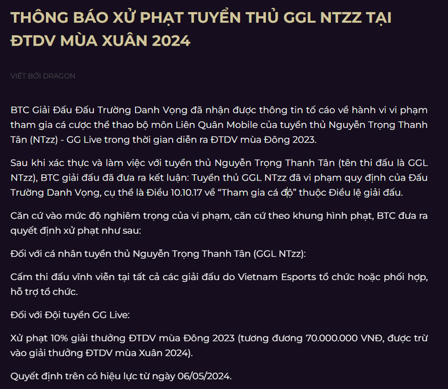 Tham gia cá độ, một game thủ Liên Quân bị Garena cấm thi đấu vĩnh viễn - Ảnh 2. Tham gia cá độ, một game thủ Liên Quân bị Garena cấm thi đấu vĩnh viễn - Ảnh 2.