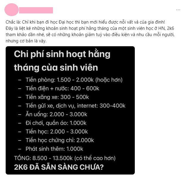 Tranh cãi kịch liệt: Sinh viên lên thành phố học cần hơn 13,5 triệu đồng/tháng cho chi phí sinh hoạt, dân mạng nhận xét tiêu hoang thế này thì bố mẹ ở quê bán đất cũng không nuôi nổi - Ảnh 1.