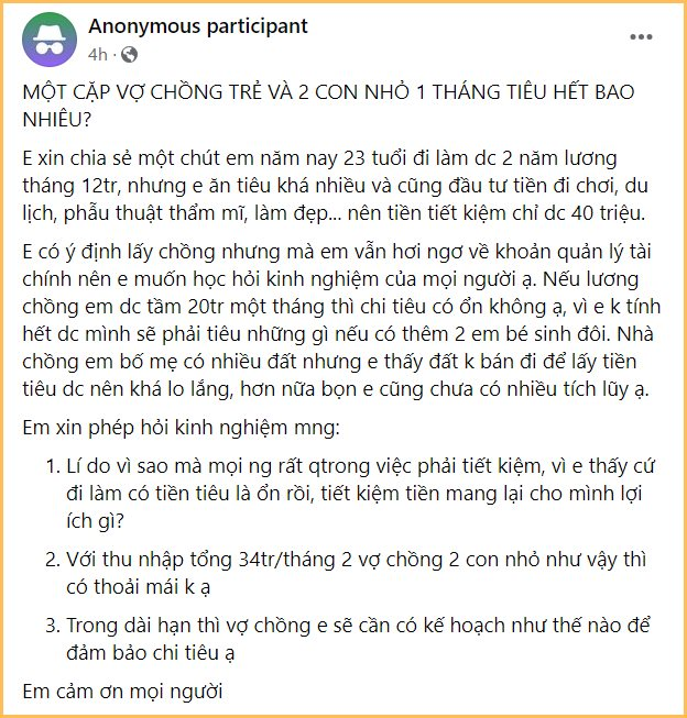 Thắc mắc của cô gái 23 tuổi khiến CĐM ngao ngán: Sắp đẻ sinh đôi vẫn còn chưa hiểu tiết kiệm để làm gì? - Ảnh 1.