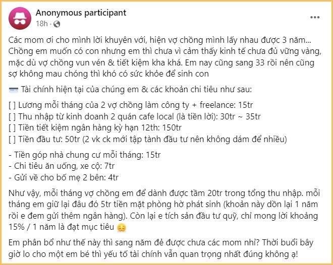 33 tuổi kiếm 50 triệu/tháng vẫn chưa dám đẻ vì sợ không đủ tiền nuôi con: CĐM bùng nổ tranh cãi “chần chừ mãi không sợ mất khả năng làm mẹ sao?”- Ảnh 1.