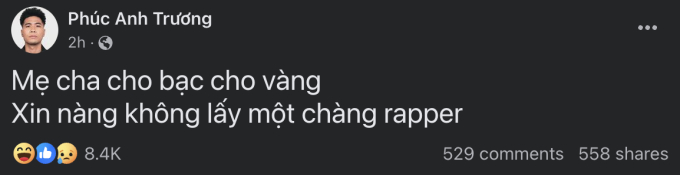 Giữa loạt ồn &agrave;o giới Rap, một rapper bất ngờ "c&agrave; khịa": "Mẹ cha cho bạc cho v&agrave;ng, xin n&agrave;ng kh&ocirc;ng lấy một ch&agrave;ng rapper"- Ảnh 2.