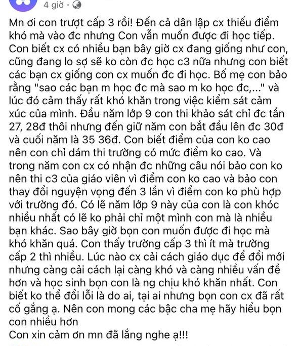 Trượt tất cả nguyện vọng vào lớp 10, sĩ tử Hà Nội viết vài dòng tâm sự khiến ai cũng rưng rưng: Con mong cha mẹ hãy hiểu con hơn - Ảnh 1.
