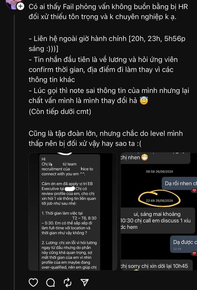 Tóm tắt vụ bóc phốt người tuyển dụng ầm ĩ vì gửi thông báo trượt phỏng vấn bằng tin nhắn lúc 11h đêm - Ảnh 1.