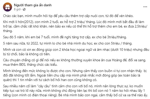 Nỗi lòng của chị vợ khiến cả CĐM thương cảm: Chồng cũ chỉ chu cấp cho con 5 triệu/tháng nhưng luôn khoe ăn cua hoàng đế, đổi xe sang, mua bất động sản- Ảnh 1.