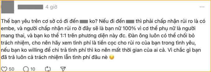 Tranh cãi bùng nổ quanh chuyện “tình phí”: Con gái có thể sinh con nên con trai có nghĩa vụ “bao trọn”, không chịu nghĩa là yêu không thật lòng?- Ảnh 2.