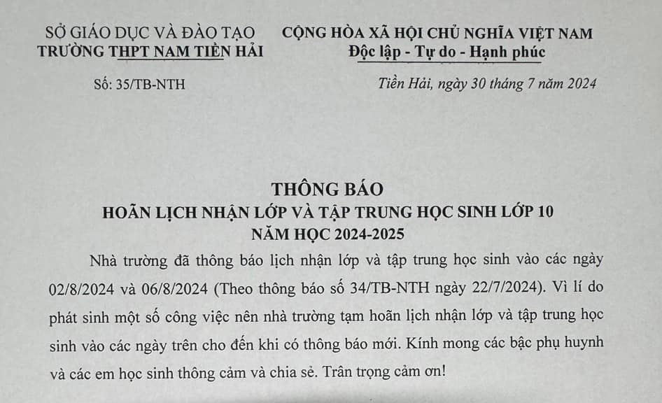 Vụ bất thường điểm thi ở Thái Bình: Nhiều trường ra thông báo hoãn nhận học sinh vào lớp 10- Ảnh 2.