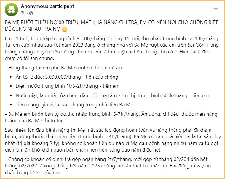 Nợ ngập đầu vẫn giấu chồng trả nợ cho bố mẹ đẻ, cô vợ khiến CĐM bất bình: “Khen chồng biết điều nhưng bản thân hành xử lại chẳng ra sao”- Ảnh 1.