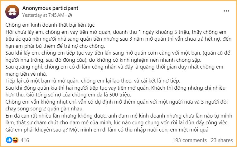 Mê kinh doanh nhưng thiếu nhiệt huyết, thất bại liên tục để vợ phải gồng gánh một mình: Làm chồng như vậy có đáng để phụ nữ tiếp tục đóng vai "hậu phương"?- Ảnh 1.