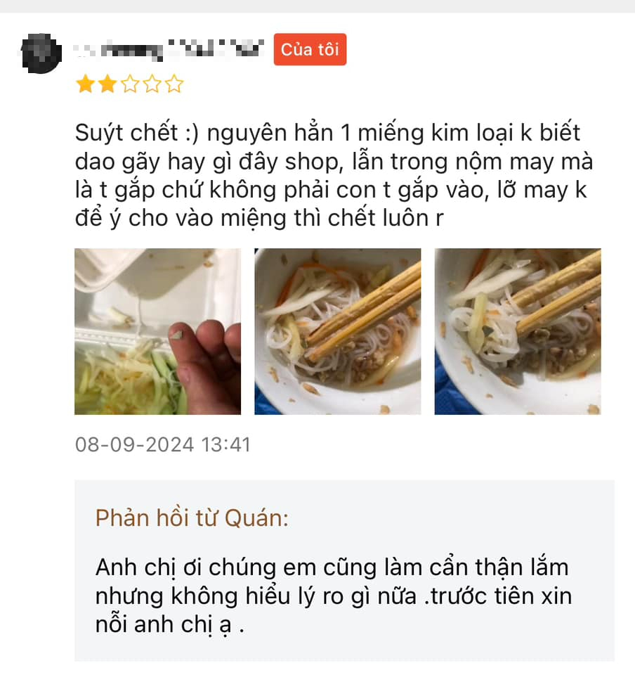 Mảnh dao gãy trong món ăn của quán bánh xèo - nem lụi online khiến thực khách kinh hãi- Ảnh 5.