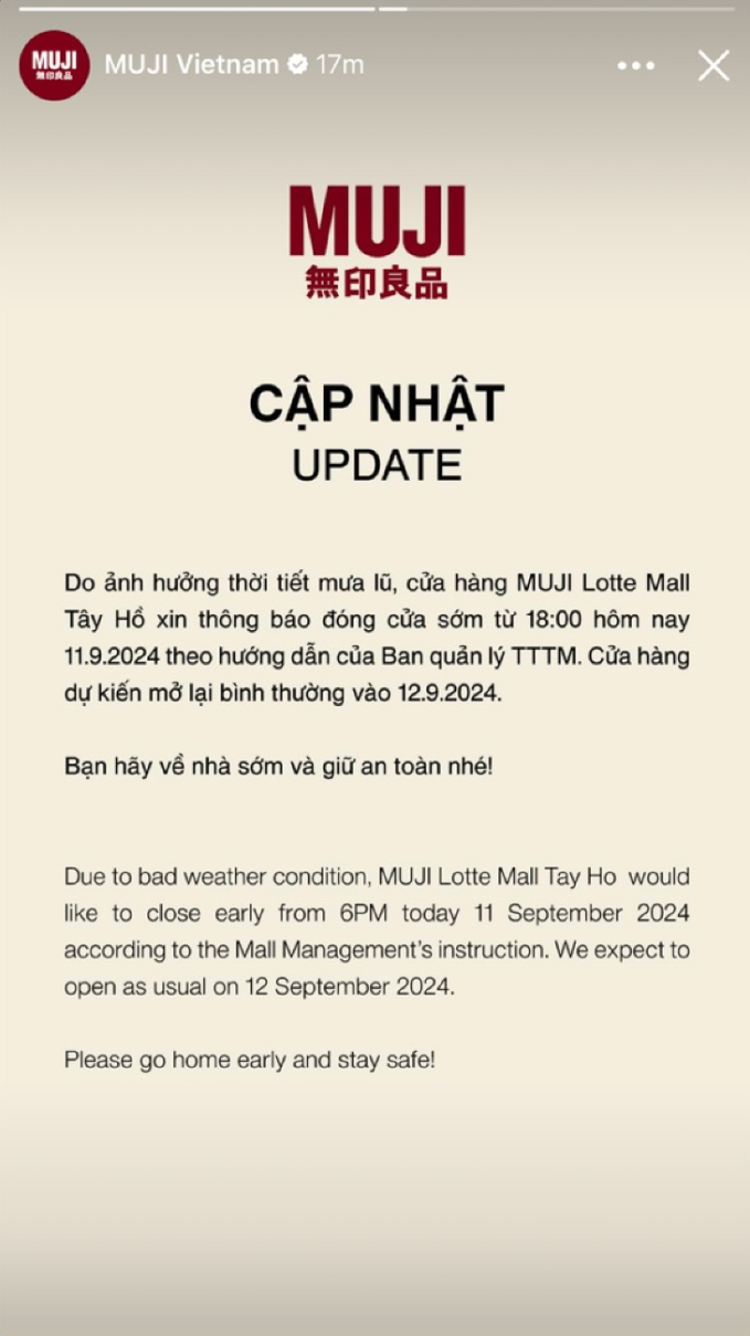 Một loạt cửa hàng tại Lotte Mall Tây Hồ và Aeon Mall Long Biên thông báo đóng cửa sớm vì ảnh hưởng của lũ lụt- Ảnh 7.