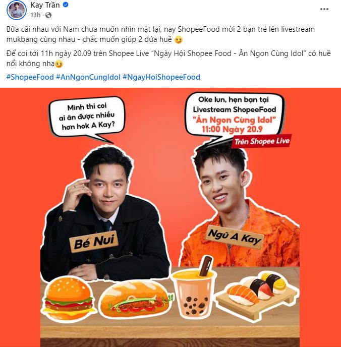 Trước thềm công diễn, bộ đôi anh tài Kay Trần - Bùi Công Nam "đánh lẻ" livestream mukbang phá đảo ShopeeFood- Ảnh 2.