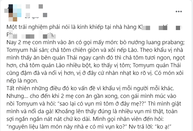 Trải nghiệm đáng sợ của 2 mẹ con tại quán đồ ăn Lào với nồi lẩu tomyum đầy vụn mì tôm, hủ tiếu và miến- Ảnh 1.