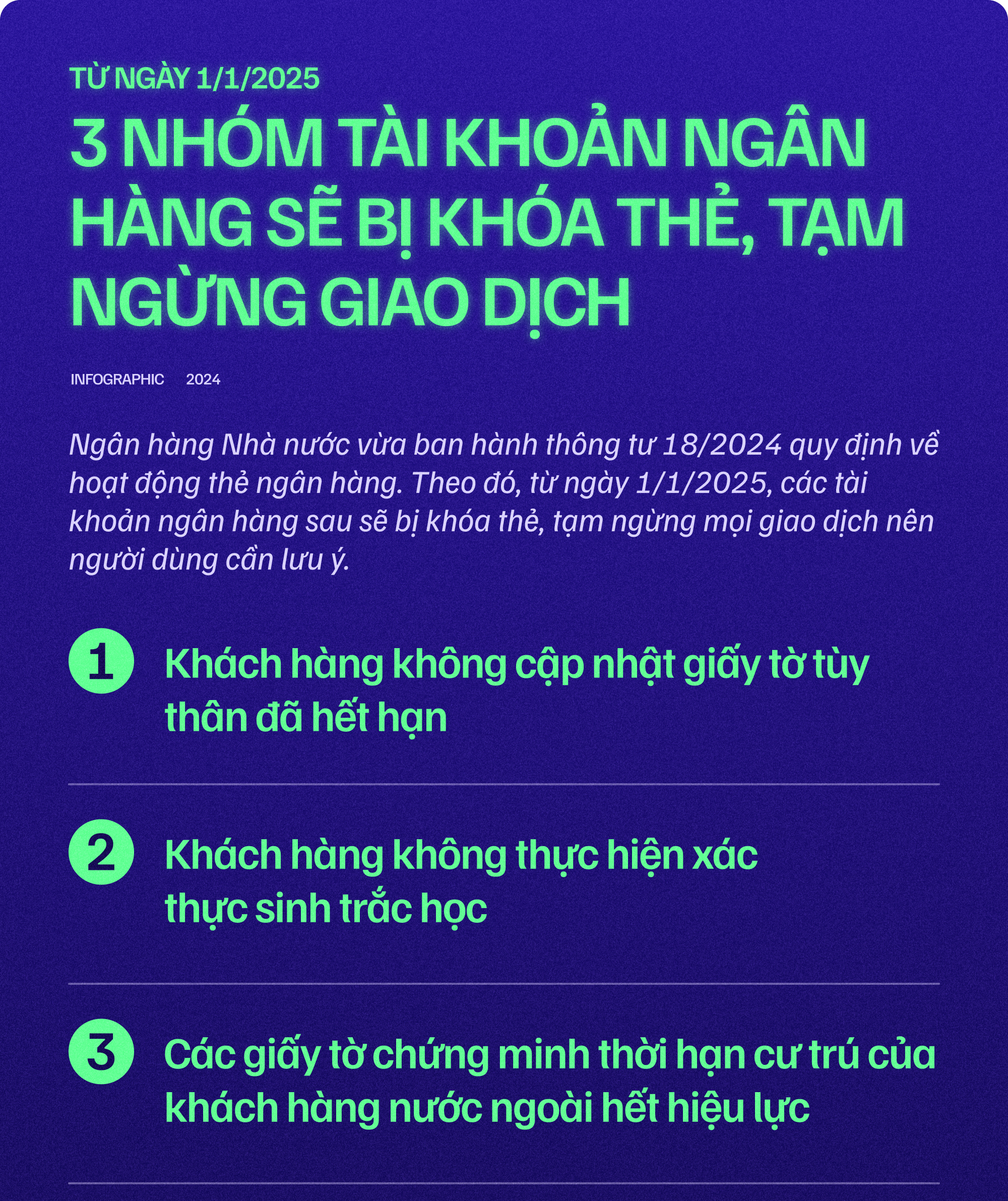 3 nhóm tài khoản ngân hàng sẽ bị khóa thẻ, tạm ngừng giao dịch từ ngày 1/1/2025- Ảnh 1. 3 nhóm tài khoản ngân hàng sẽ bị khóa thẻ, tạm ngừng giao dịch từ ngày 1/1/2025- Ảnh 1.