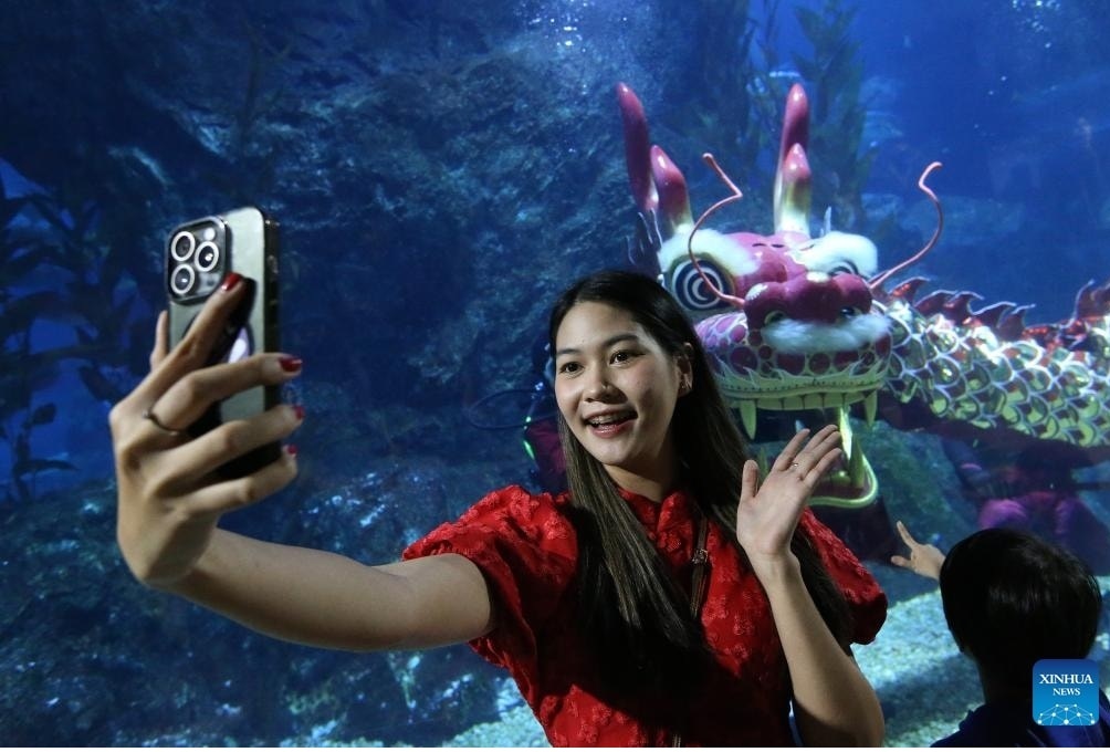 Thợ lặn biểu diễn múa lân tại SEA LIFE Bangkok Ocean World để chào mừng năm mới 2025. Ảnh: Tân Hoa Xã