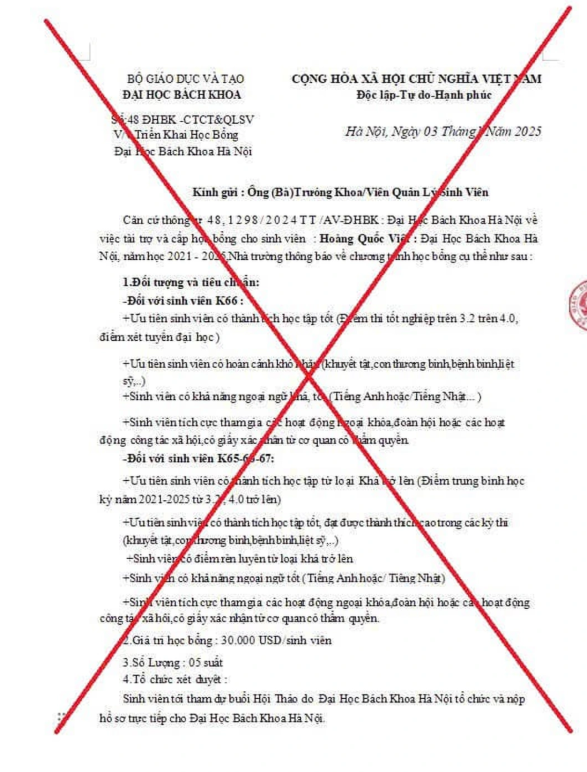 Giả mạo con dấu và chữ ký lãnh đạo Bộ GD&ĐT lừa đảo học bổng Đại học Bách khoa- Ảnh 1.