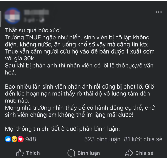 Thông tin căng tin KTX cản trở sinh viên nhận cơm cứu trợ mưa lũ để bán suất ăn: ĐH Sư phạm Thái Nguyên lên tiếng- Ảnh 1.