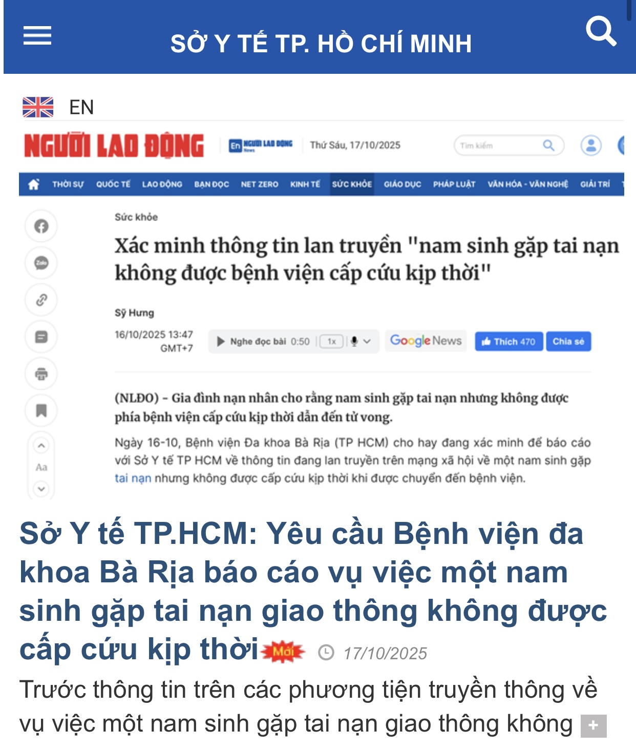 Sở Y tế TP HCM vào cuộc vụ nam sinh bị tai nạn không được bệnh viện cấp cứu kịp thời- Ảnh 1.