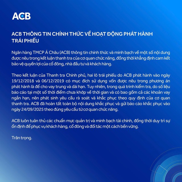 ACB lên tiếng sau kết luận thanh tra “cho vay hàng nghìn tỷ tiền trái phiếu sai mục đích”- Ảnh 1.