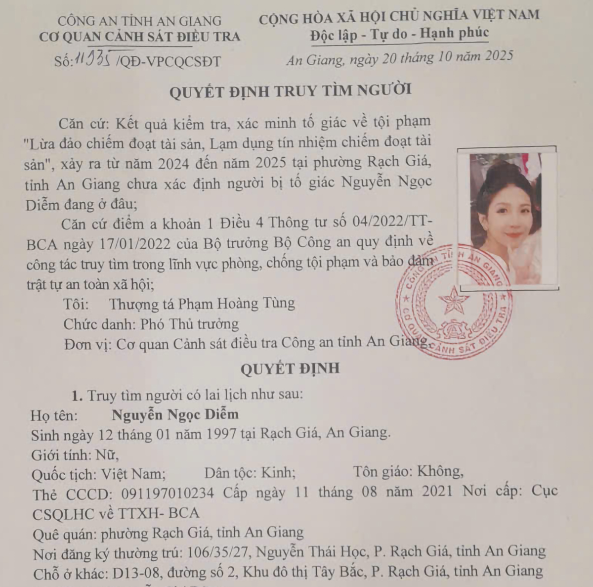 Truy tìm Nguyễn Ngọc Diễm sinh năm 1997