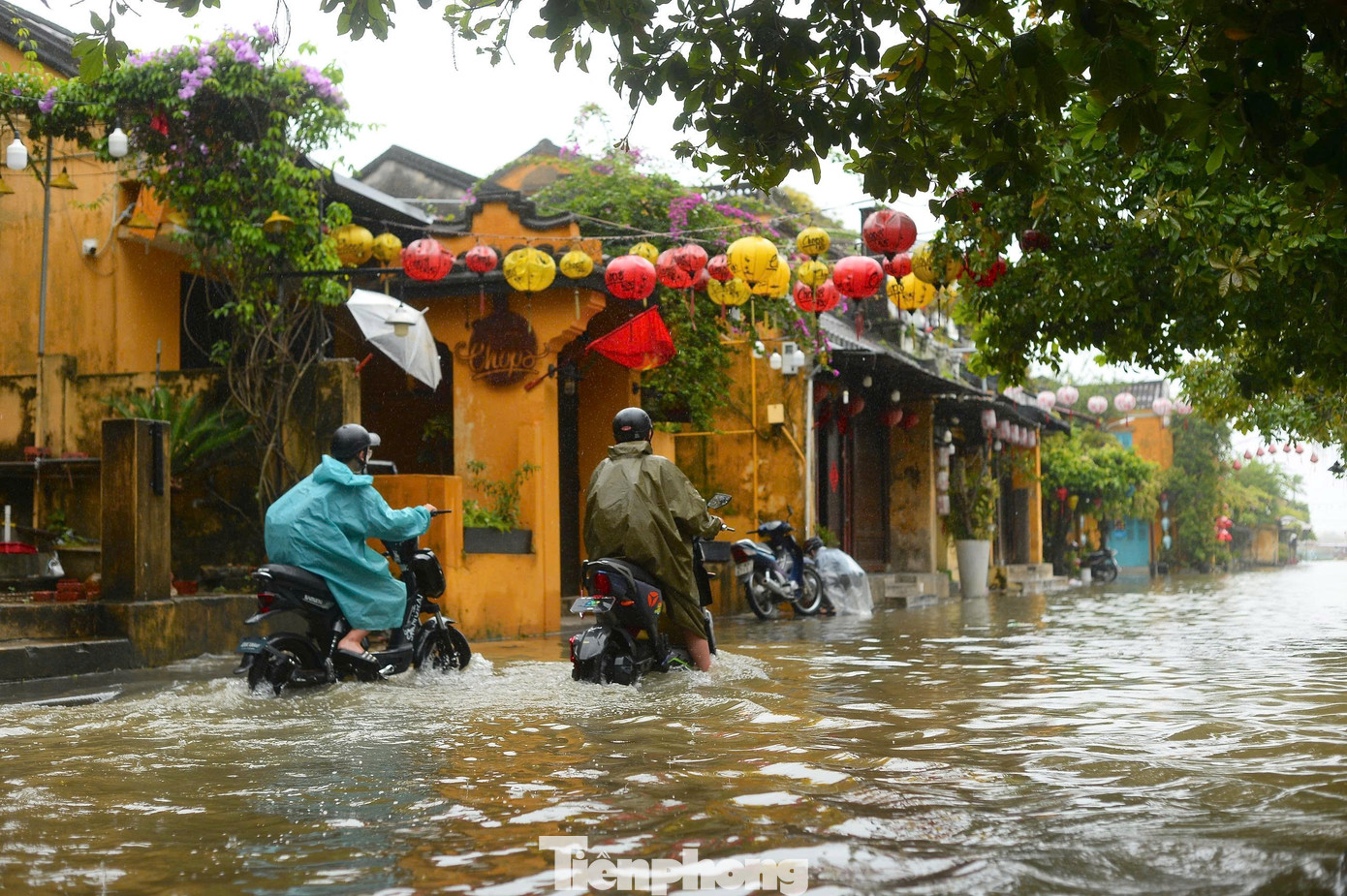 Nước sông Hoài tràn phố cổ Hội An, du khách thích thú đạp xe, lội nước lũ- Ảnh 1.