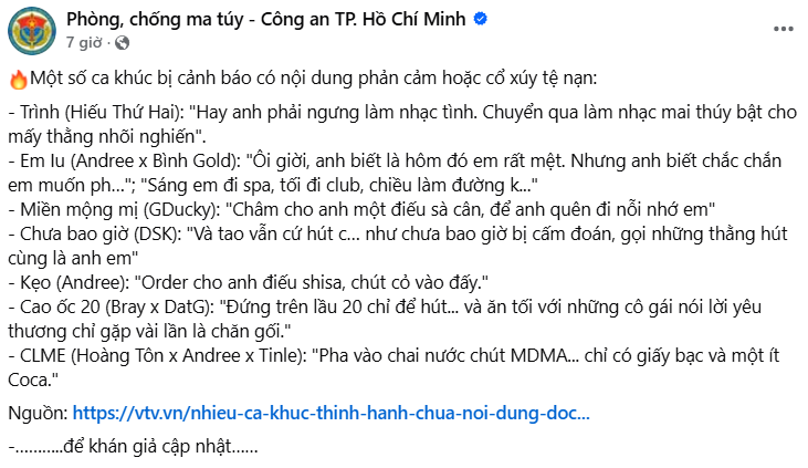 Trang thông tin Phòng, chống ma túy - Công an TP. Hồ Chí Minh nhắc tên HIEUTHUHAI, B Ray và rất nhiều rapper khác- Ảnh 1.