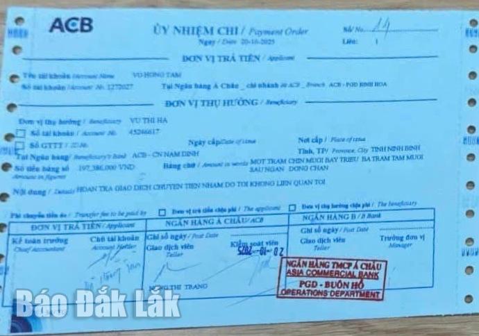 Chủ tài khoản ACB chuyển khoản thành công 193 triệu đồng nhưng không liên lạc được người nhận: Công an xã nhanh chóng vào cuộc- Ảnh 1. Chủ tài khoản ACB chuyển khoản thành công 193 triệu đồng nhưng không liên lạc được người nhận: Công an xã nhanh chóng vào cuộc- Ảnh 1.