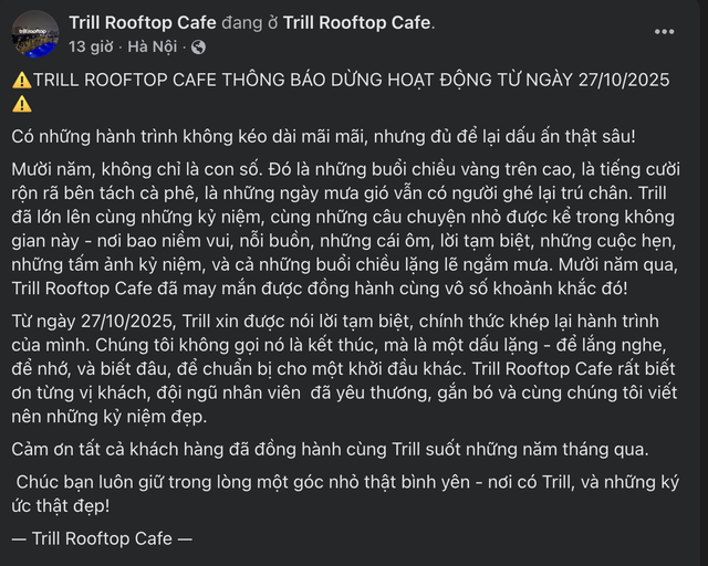 Quán cà phê sân thượng hoài niệm của giới trẻ Hà Thành thông báo dừng hoạt động sau gần 10 năm- Ảnh 1. Quán cà phê sân thượng hoài niệm của giới trẻ Hà Thành thông báo dừng hoạt động sau gần 10 năm- Ảnh 1.