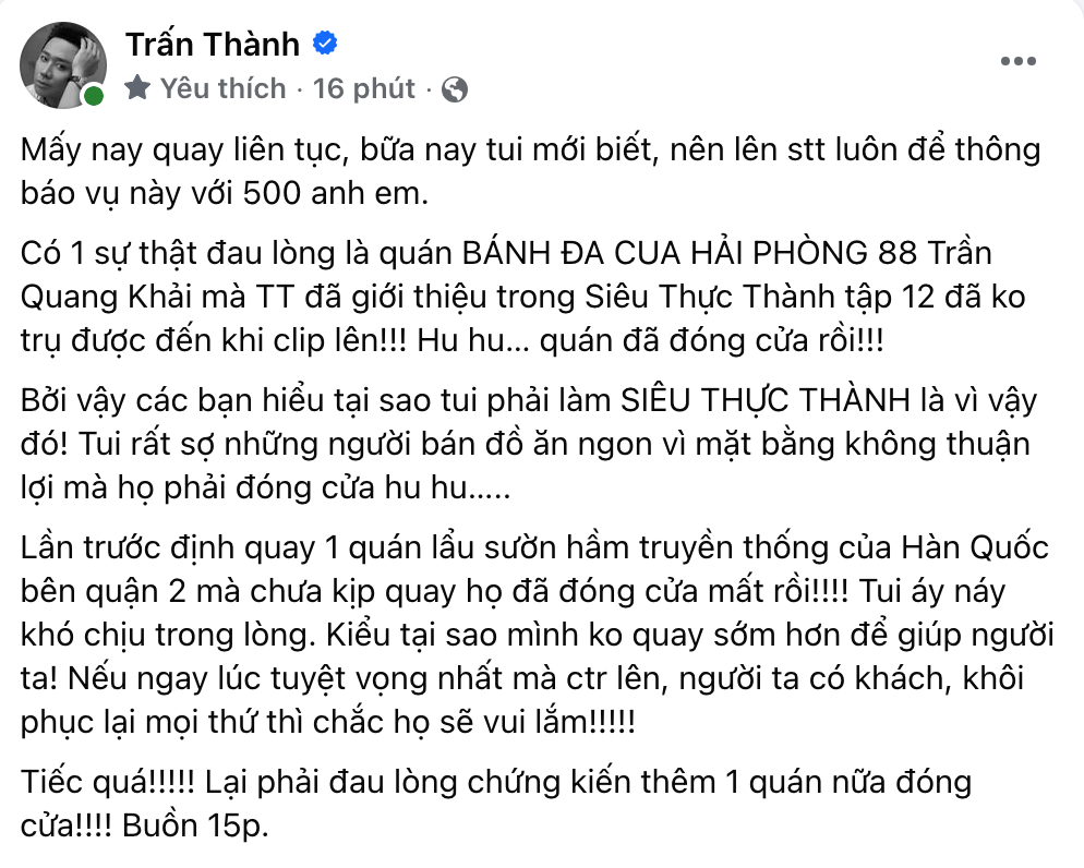 2 quán ăn khiến Trấn Thành  2 quán ăn khiến Trấn Thành