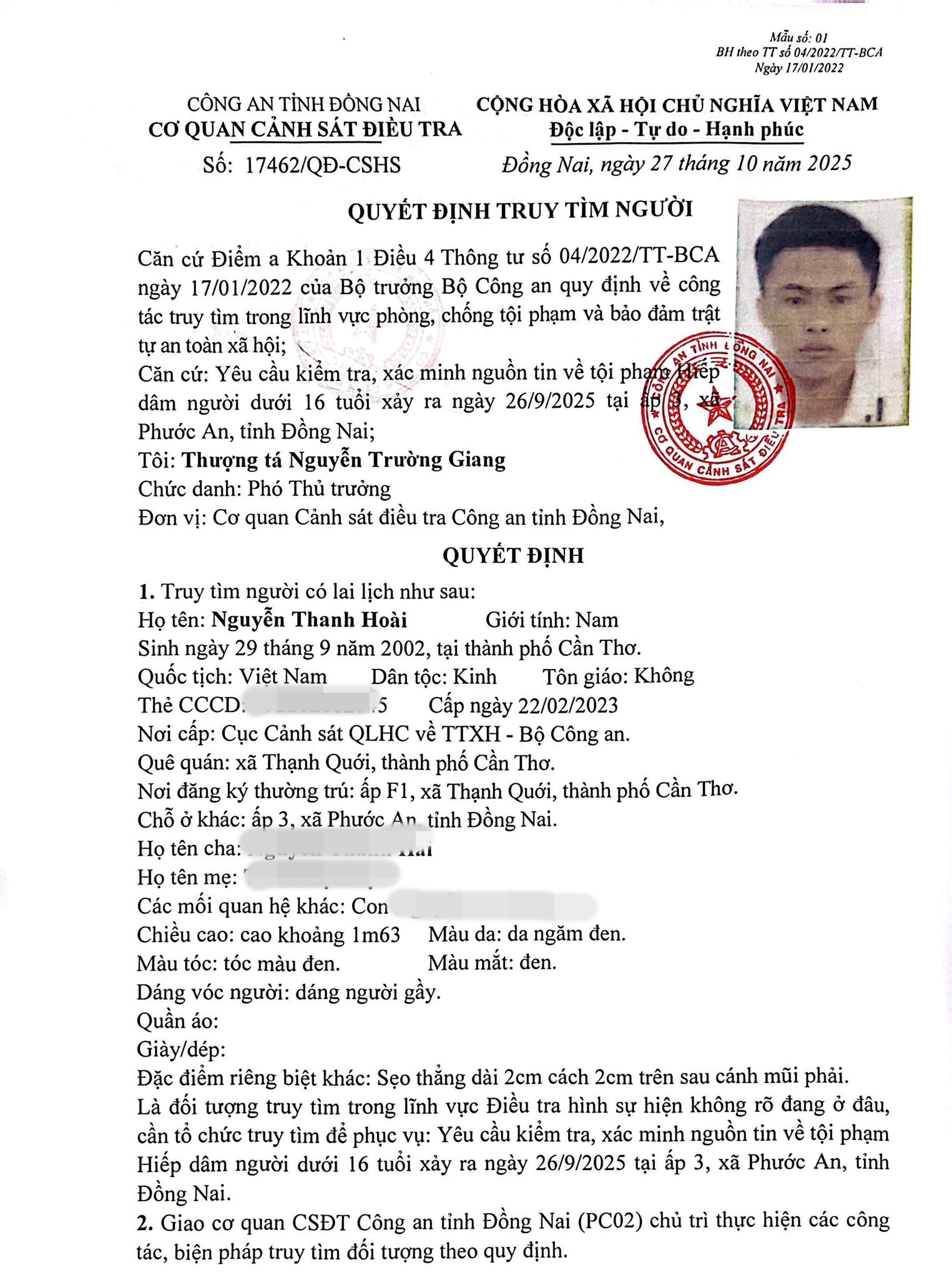 Truy tìm Nguyễn Thanh Hoài sinh năm 2002- Ảnh 1. Truy tìm Nguyễn Thanh Hoài sinh năm 2002- Ảnh 1.