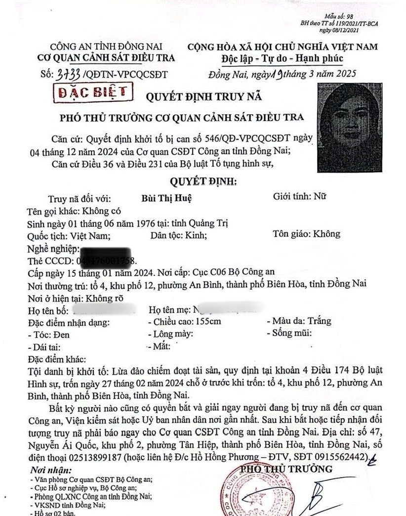 Truy nã đặc biệt Bùi Thị Huệ sinh năm 1976- Ảnh 1. Truy nã đặc biệt Bùi Thị Huệ sinh năm 1976- Ảnh 1.