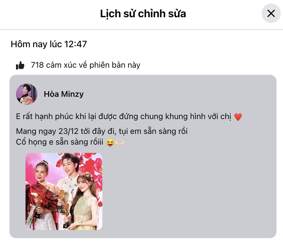 Hòa Minzy viết gì mà phải sửa gấp sau 3 phút đăng hình với Mỹ Tâm- Ảnh 2. Hòa Minzy viết gì mà phải sửa gấp sau 3 phút đăng hình với Mỹ Tâm- Ảnh 2.