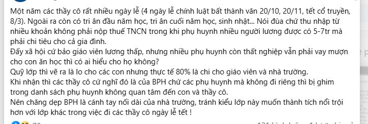 Phụ huynh bức xúc viết: "Quỹ lớp chẳng thấy lo cho các con, toàn dùng 'tri ân' thầy cô", dư luận đọc xong chia phe tranh cãi gay gắt!- Ảnh 1.