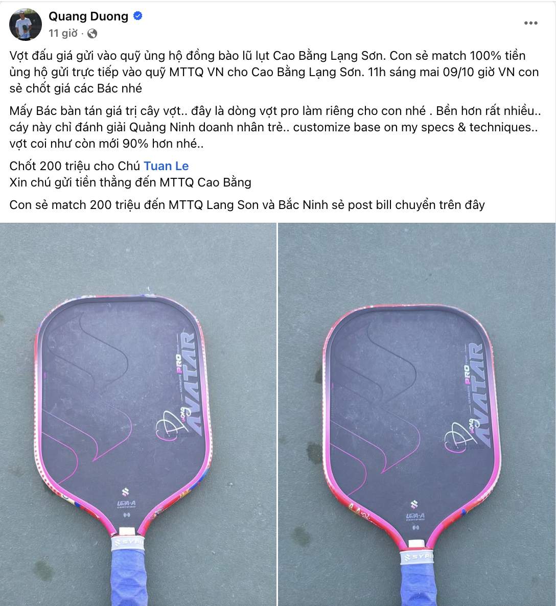 Quang Dương đấu giá vợt pickleball được 200 triệu ủng hộ bà con Cao Bằng, nâng tổng số tiền quyên góp lên 400 triệu- Ảnh 1.