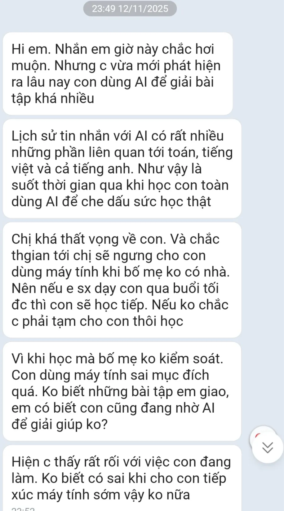 Nửa đêm, bà mẹ hoảng hốt nhắn cho cô giáo vì phát hiện bí mật của con sau khi kiểm tra lịch sử ChatGPT: "Chắc tạm cho con thôi học"- Ảnh 1. Nửa đêm, bà mẹ hoảng hốt nhắn cho cô giáo vì phát hiện bí mật của con sau khi kiểm tra lịch sử ChatGPT: "Chắc tạm cho con thôi học"- Ảnh 1.