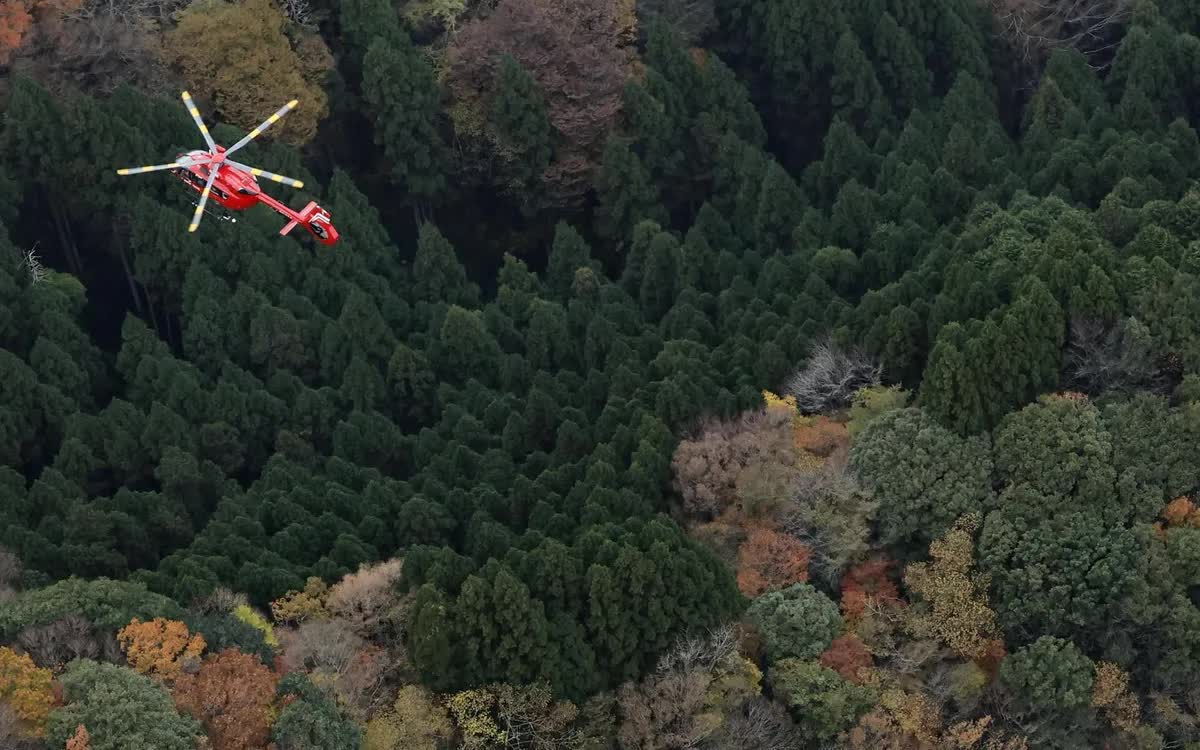 Trực thăng cứu hộ đang bay trong khu vực, nơi chiếc máy bay hạng nhẹ bị rơi ở Yame, tỉnh Fukuoka, ngày 19/11/2025 (Ảnh: Kyodo)
